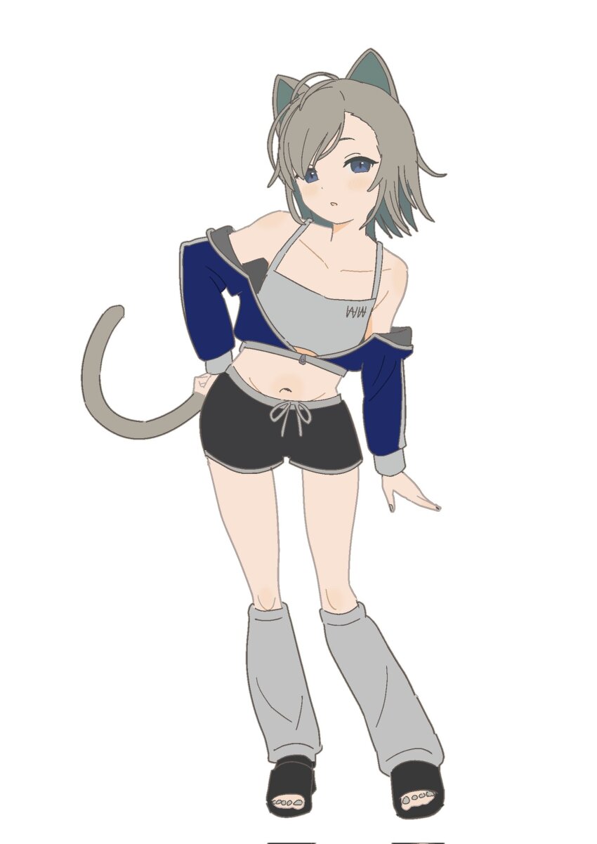 1girl, animal_ears, bare_shoulders, black_shorts, blue_eyes, blue_jacket, blush, camisole