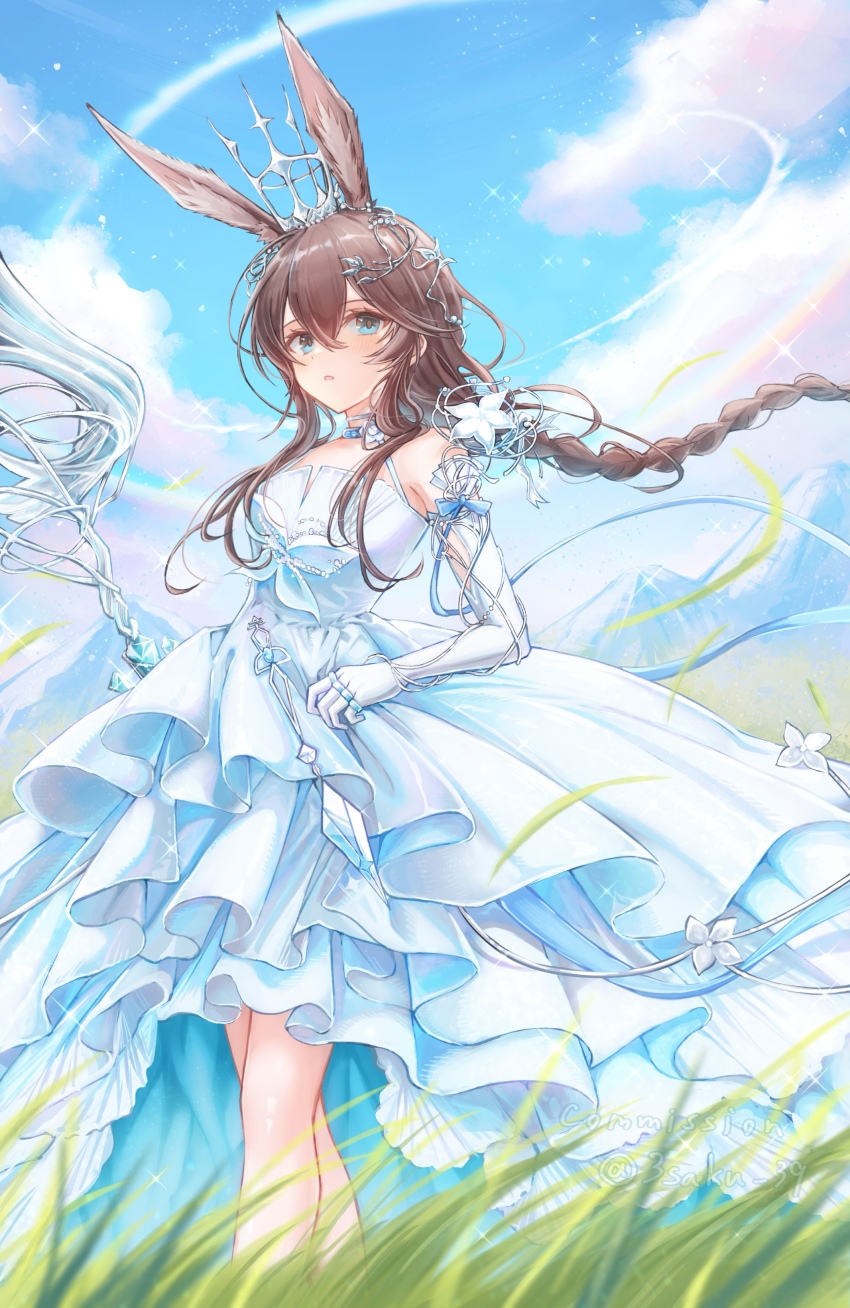 1girl, 3_(sanyako1), :o, absurdres, ambience_synesthesia, amiya_(ambience_synesthesia_2025)_(arknights), amiya_(arknights), animal_ears, arknights, bare_shoulders, blue_eyes, blush, braid, brown_hair, commentary_request, commission, crown, dress, elbow_gloves, feet_out_of_frame, flower, gloves, grass, hair_between_eyes, hair_flower, hair_ornament, highres, jewelry, layered_dress, long_hair, looking_at_viewer, multiple_rings, official_alternate_costume, parted_lips, partial_commentary, plant, ring, skeb_commission, solo, sparkle, standing, watermark, white_dress, white_flower, white_gloves