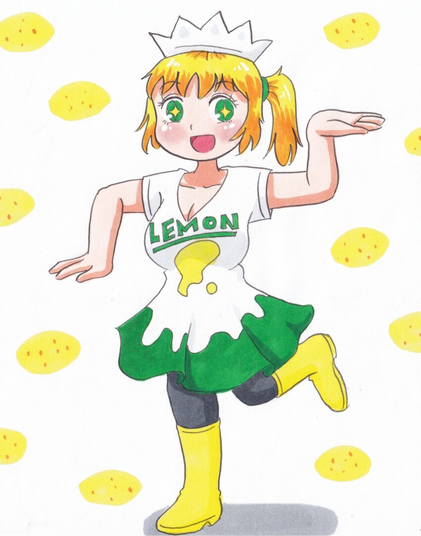 1girl, black_pantyhose, blonde_hair, blush, boots, breasts, cleavage, clothes_writing