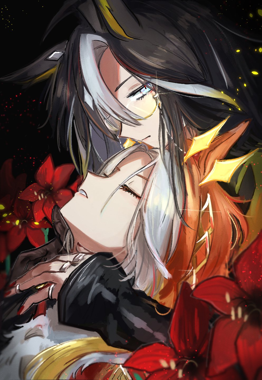 2girls, ahozur_dayo, animal_ears, black_background, black_hair, blue_eyes, closed_eyes, dream_journey_(umamusume)