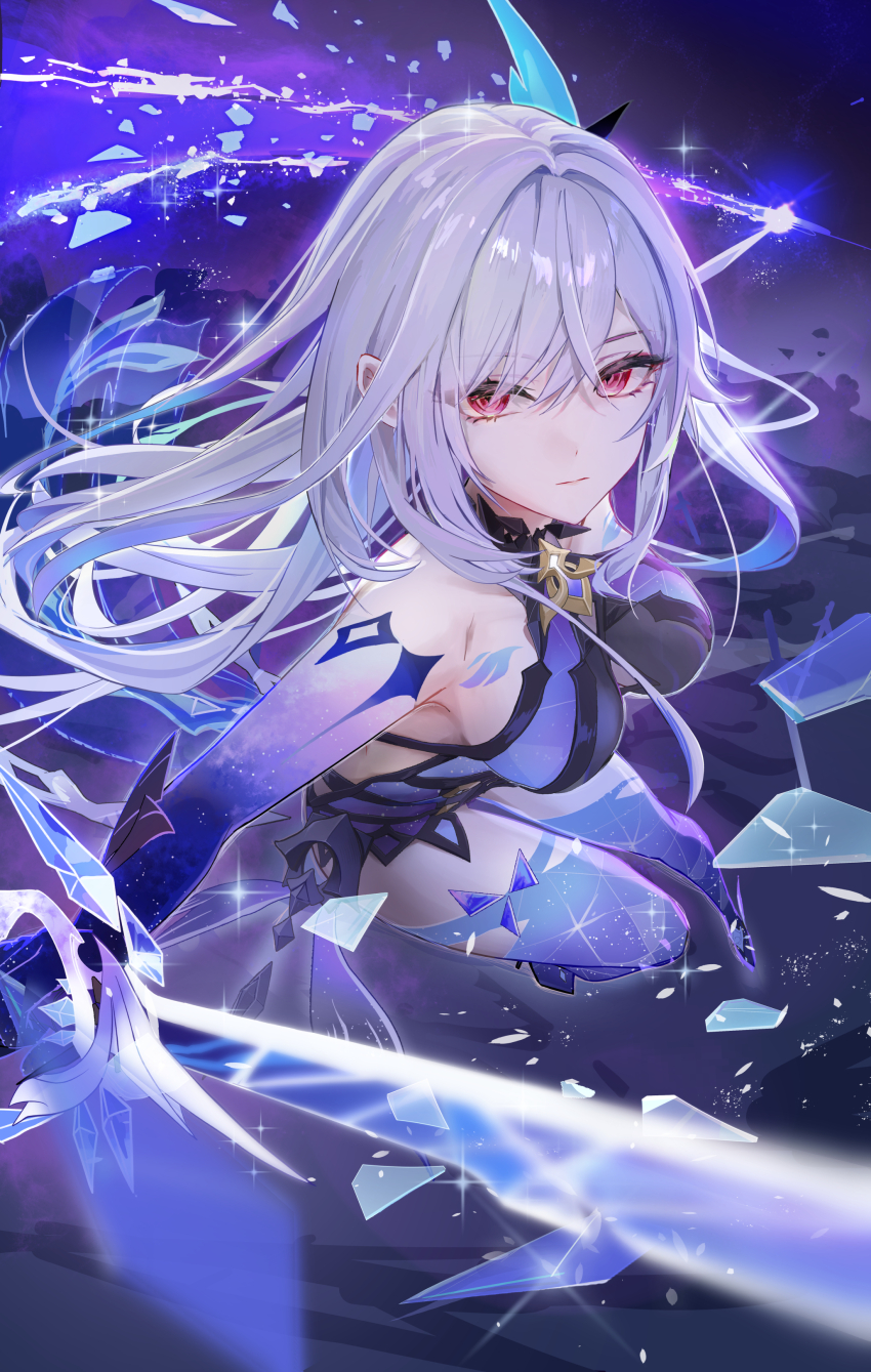 1girl, absurdres, azurelight_(genshin_impact), bare_shoulders, breasts, broken_glass, closed_mouth, commentary_request, crossed_bangs, crystal_shards, dekalco, diamond-shaped_pupils, diamond_(shape), dress, expressionless, floating_hair, genshin_impact, glass, glass_shards, glowing, hair_between_eyes, hair_ornament, halter_dress, halterneck, highres, holding, holding_sword, holding_weapon, light_particles, long_hair, looking_at_viewer, medium_breasts, midair, night, purple_dress, red_eyes, revision, short_dress, sidelocks, skirk_(genshin_impact), sky, sleeveless, sleeveless_dress, solo, sparkle, star_(sky), sword, symbol-shaped_pupils, very_long_hair, weapon, white_hair