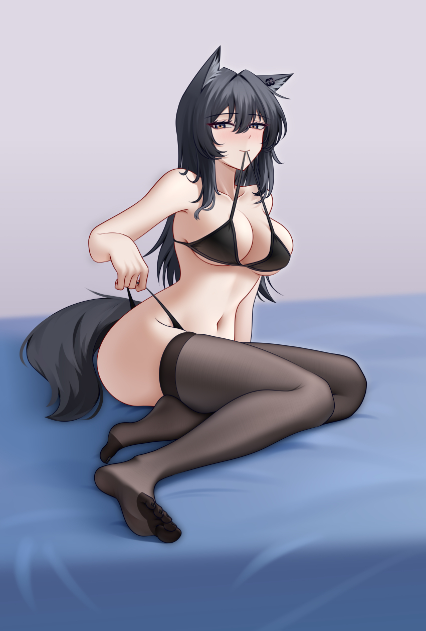 1girl, absurdres, alter_kamerade, animal_ear_fluff, animal_ear_piercing, animal_ears, arknights, bare_arms, bare_shoulders, black_bra, black_eyes, black_hair, black_panties, black_tail, black_thighhighs, bra, breasts, chinese_commentary, cleavage, closed_mouth, come_hither, commentary_request, feet, full_body, hair_between_eyes, hair_intakes, highres, large_breasts, light_blush, light_smile, long_hair, looking_at_viewer, midriff, mouth_hold, navel, no_shoes, panties, partial_commentary, sitting, soles, solo, tail, texas_(arknights), thighhighs, underwear, wolf_ears, wolf_girl, wolf_tail, yellow_eyes