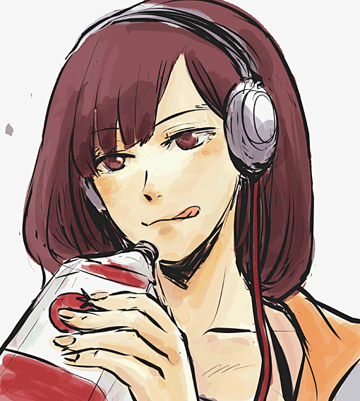 10s, arakune_(sacred_seven), bottle, brown_hair, headphones, sacred_seven, tongue