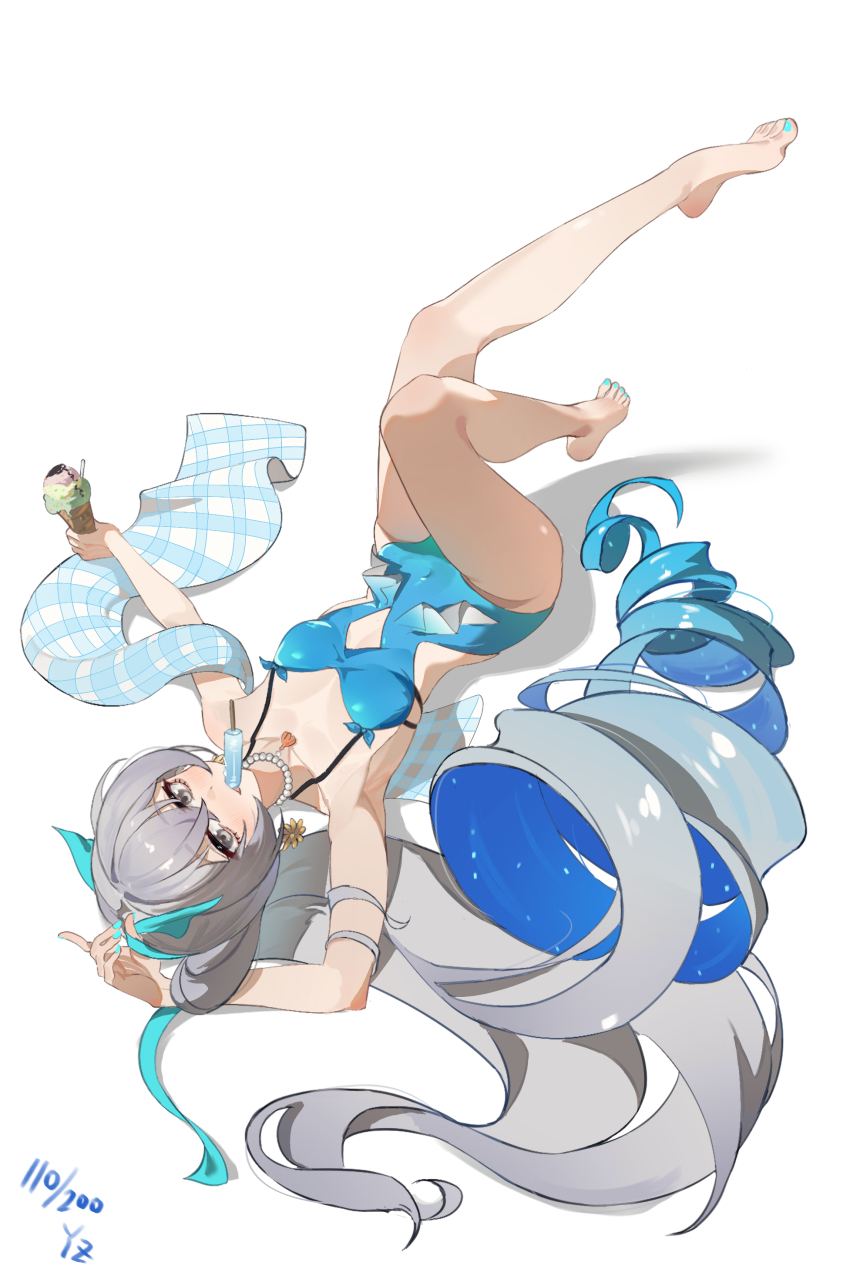 1girl, absurdres, armpits, barefoot, blue_hair, blue_one-piece_swimsuit, breasts, bronya_zaychik