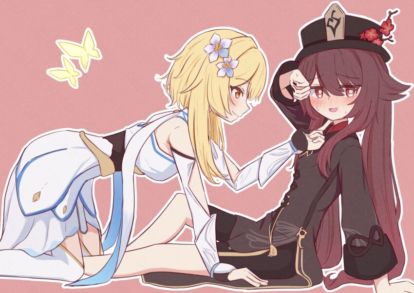 2girls, absurdres, averting_eyes, barurun_pen, black_shorts, blonde_hair, blush, brown_hair, brown_shirt, bug, butterfly, chinese_clothes, dress, flower, flower-shaped_pupils, genshin_impact, hair_flower, hair_ornament, hat, hat_flower, highres, hu_tao_(genshin_impact), insect, long_hair, looking_at_another, lumine_(genshin_impact), multiple_girls, plum_blossoms, red_eyes, shirt, short_hair_with_long_locks, shorts, symbol-shaped_pupils, tailcoat, twintails, very_long_hair, white_dress, yellow_butterfly, yellow_eyes, yuri