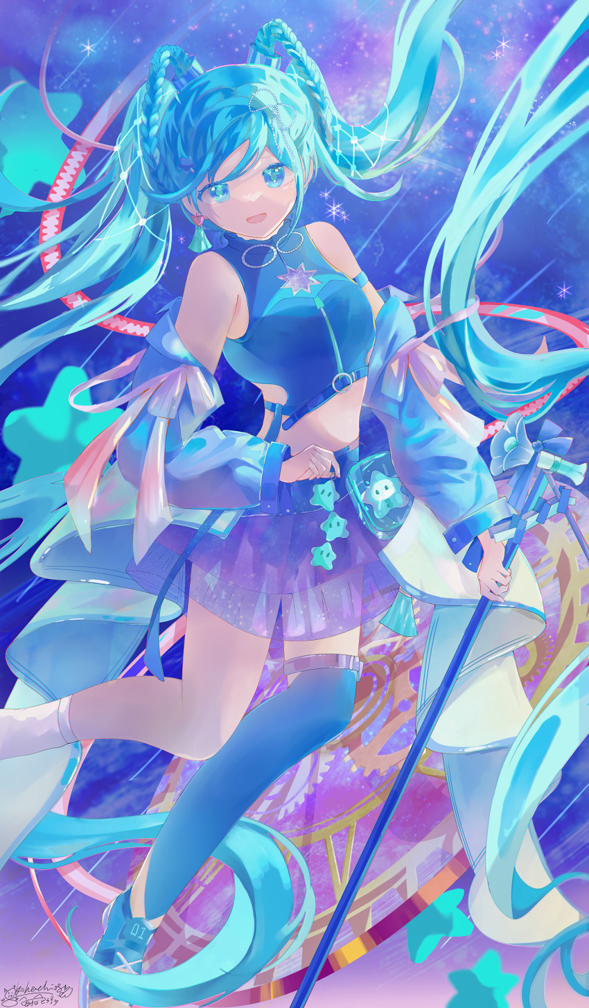 1girl, absurdres, aqua_eyes, aqua_hair, asymmetrical_legwear, blue_jacket, blue_thighhighs, braid