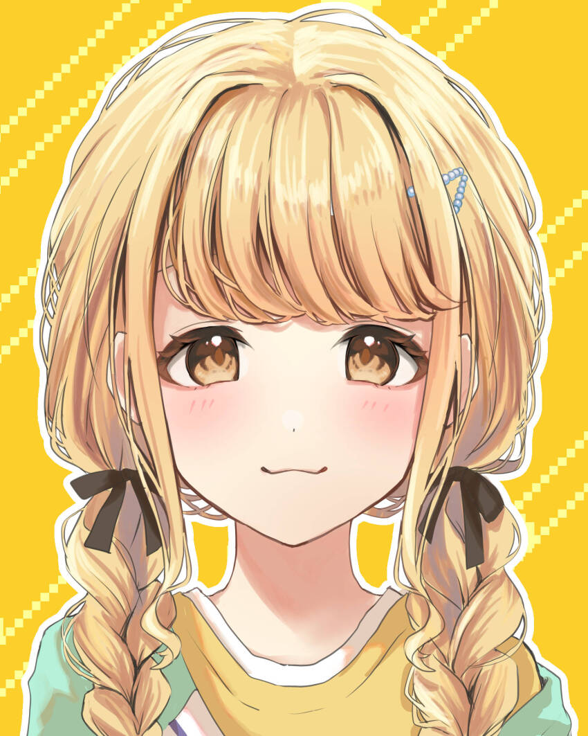 1girl, :3, black_ribbon, blonde_hair, blush, braid, fujita_kotone, gakuen_idolmaster