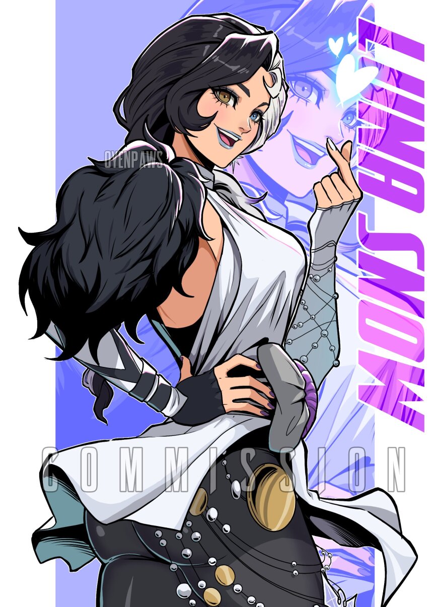 1girl, absurdres, black_hair, blue_eyes, breasts, gloves, heterochromia, highres