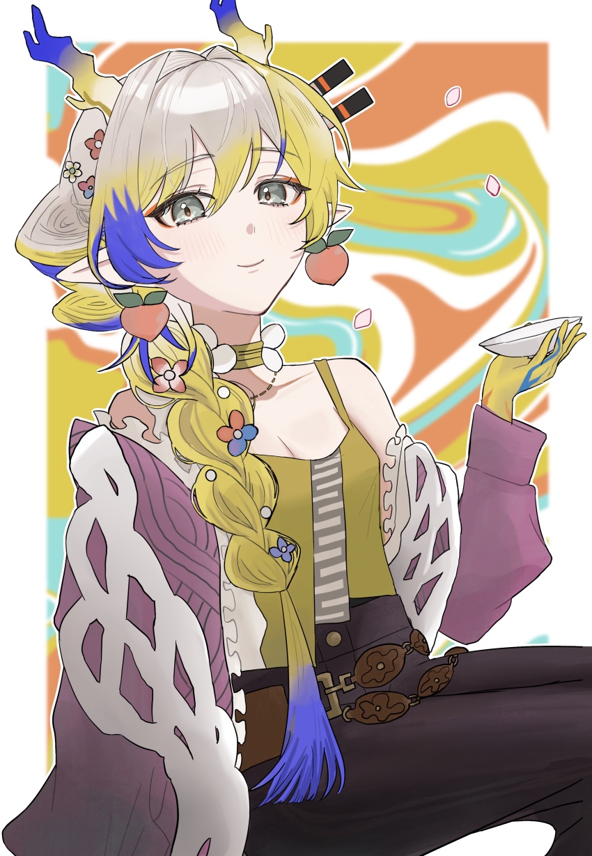 1girl, absurdres, arknights, bare_shoulders, blonde_hair, border, braid, breasts