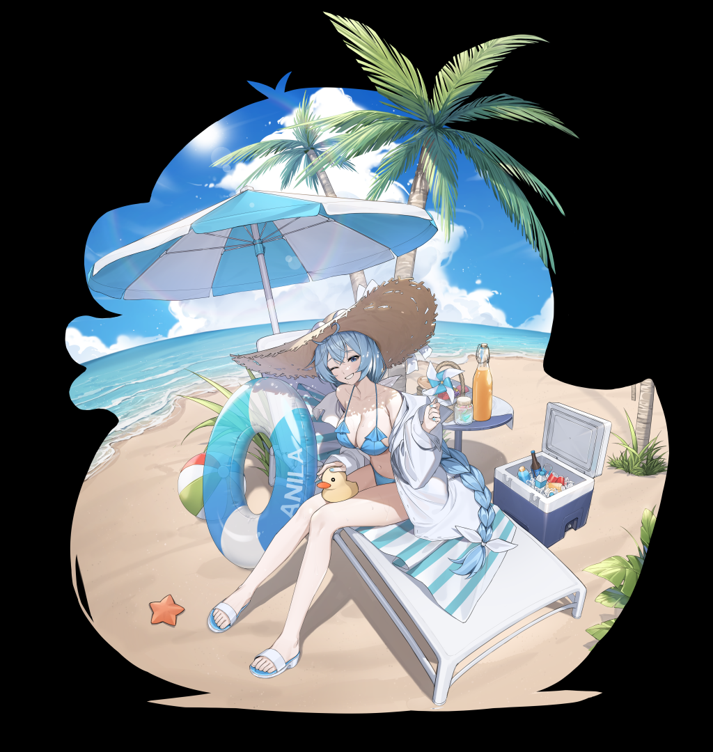 1girl, ;d, anila_(counter:side), beach, beach_chair, beach_umbrella, bikini, blue_bikini