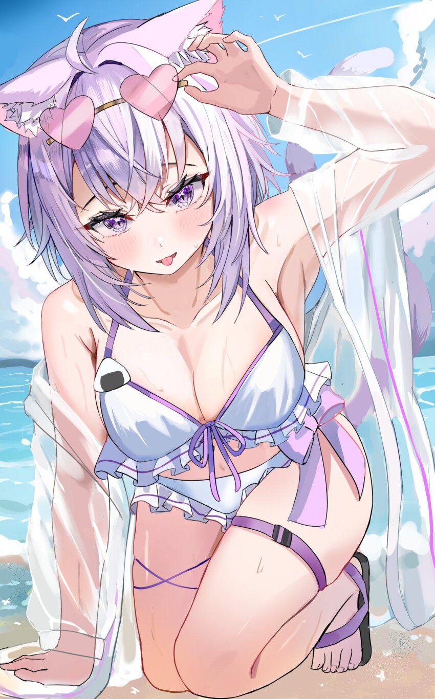 1girl, animal_ears, bikini, blue_sky, blush, breasts, cat_ears, cat_girl, cat_tail, cleavage, cloud, eyewear_on_head, feet, flowle_ow0, heart, heart-shaped_eyewear, highres, hololive, large_breasts, looking_at_viewer, medium_hair, nekomata_okayu, open_mouth, purple_eyes, purple_hair, sandals, sky, smile, solo, sunglasses, swimsuit, tail, toes, tongue, tongue_out, virtual_youtuber, white_bikini