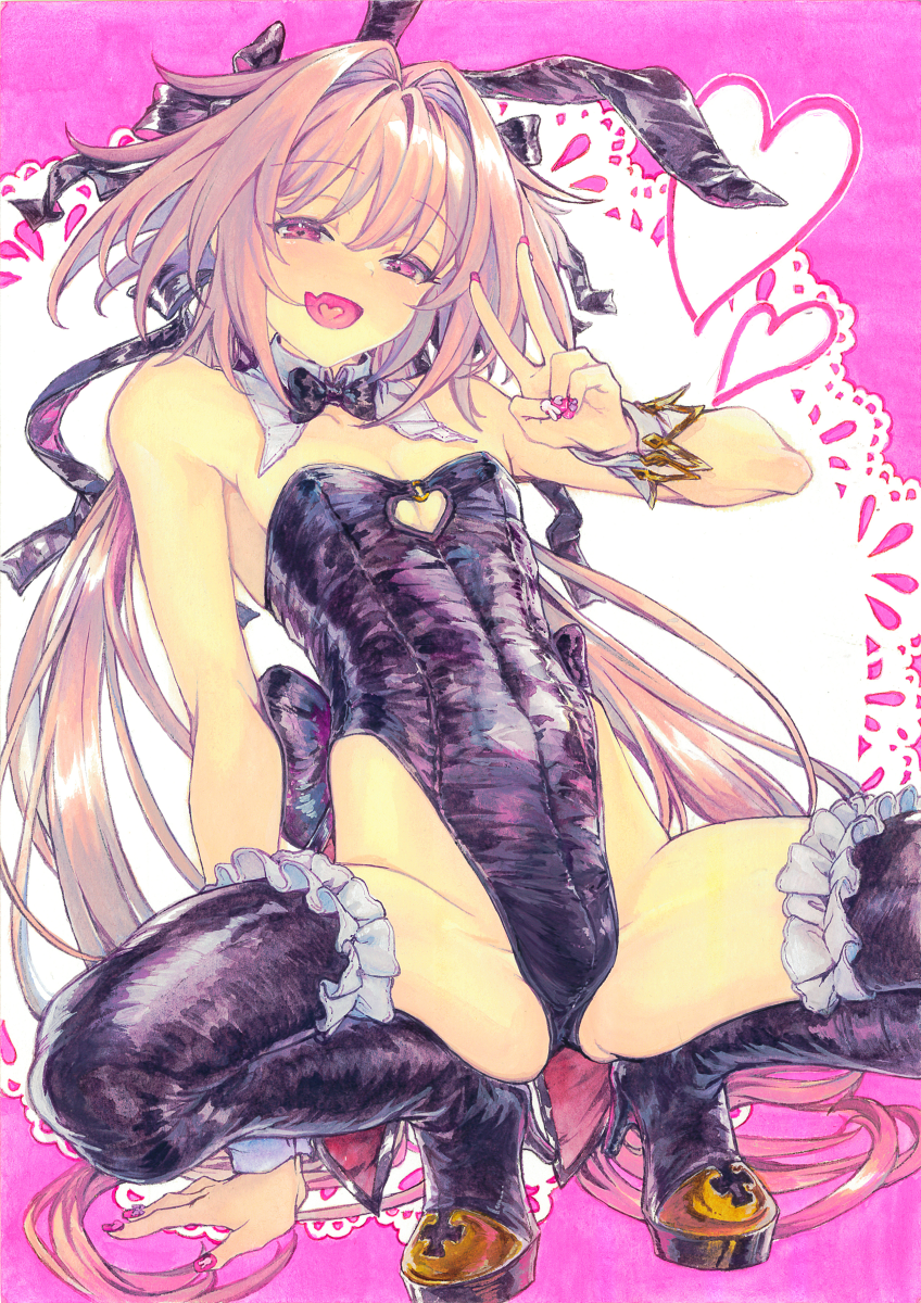 1boy, alternate_costume, animal_ears, ass, astolfo_(fate), black_boots, black_leotard, boots, chikinan_tarou, clothing_cutout, crossdressing, crossdressing_(mtf), curvy, fake_animal_ears, fang, fate/grand_order, fate_(series), heart, heart_cutout, high_heel_boots, high_heels, highleg, highleg_leotard, highres, leotard, long_hair, looking_at_viewer, painting_(medium), pink_eyes, pink_hair, playboy_bunny, rabbit_ears, shiny_skin, skin_fang, smile, solo, strapless, strapless_leotard, thigh_boots, traditional_media, trap, v, watercolor_(medium), wide_hips