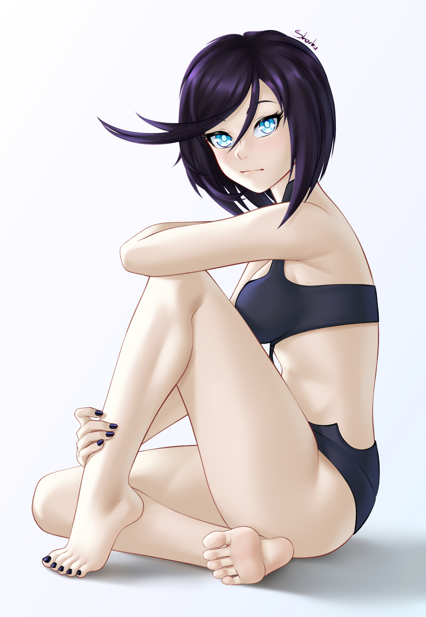 1girl, absurdres, barefoot, black_hair, blue_eyes, feet, girls'_frontline, highres