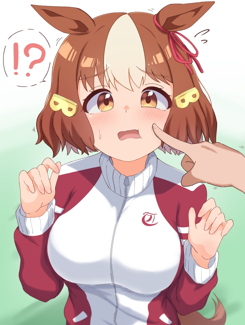 !?, 1girl, 1other, animal_ears, belno_light_(umamusume), blush, bow, breasts