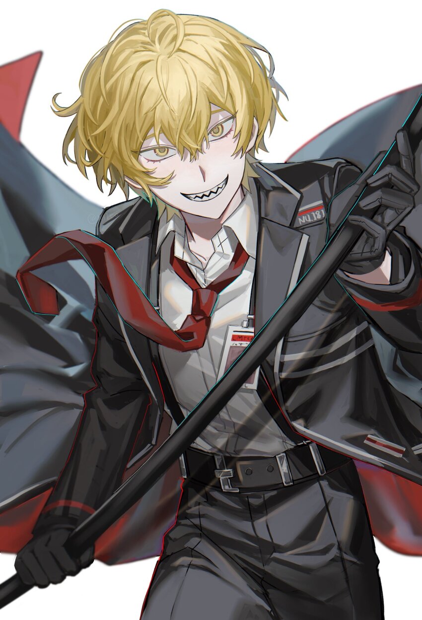 1boy, belt, black_belt, black_gloves, black_jacket, black_pants, blonde_hair, collared_shirt