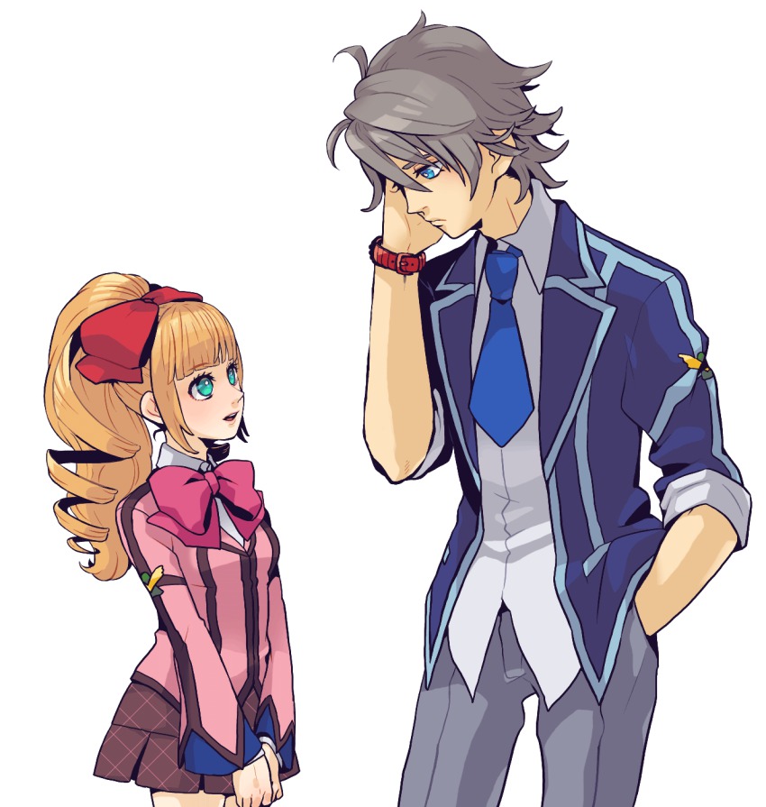 10s, aiba_ruri, blonde_hair, bow, dramatica, grey_hair, highres, necktie