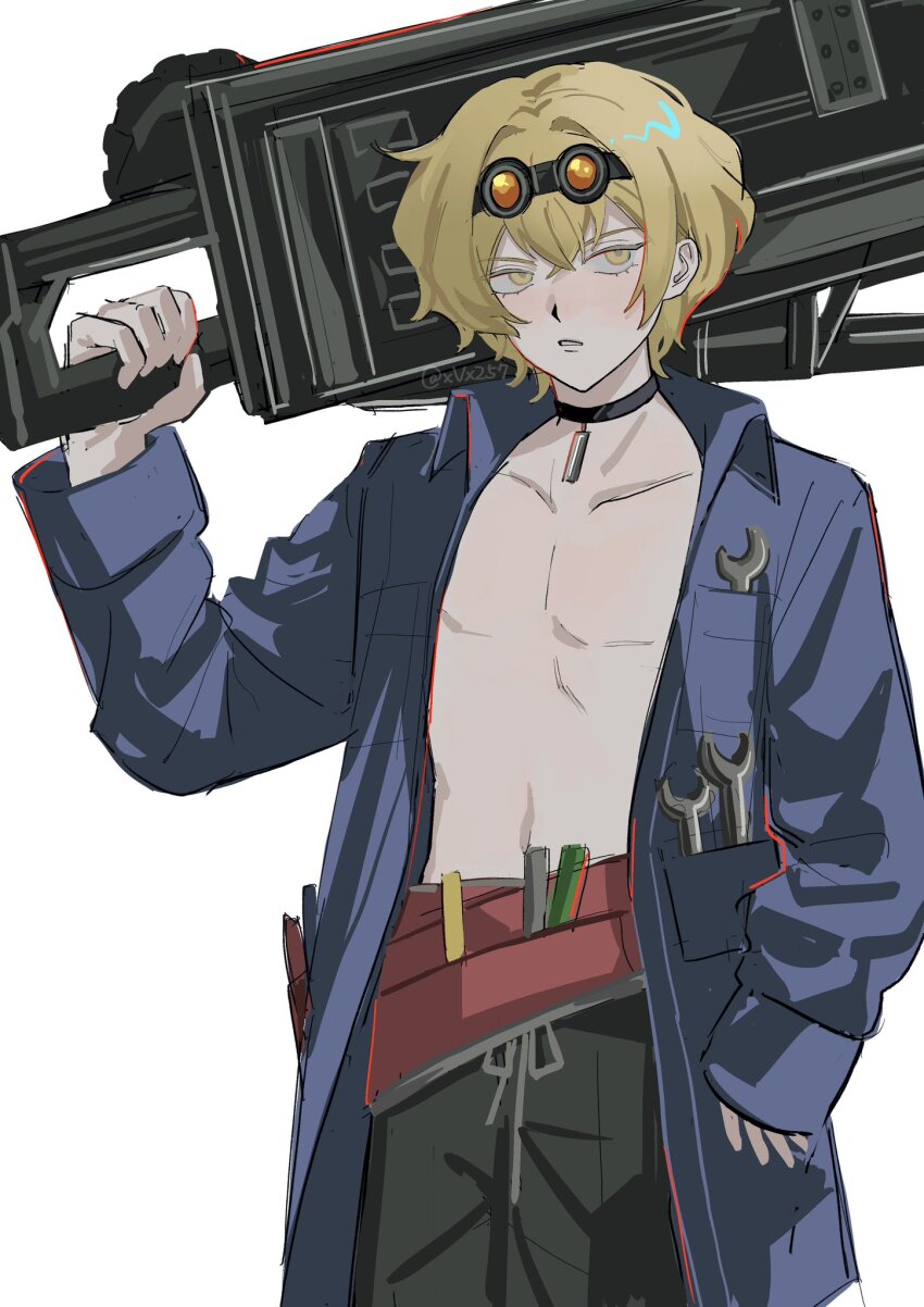1boy, artist_name, black-framed_eyewear, black_choker, black_shorts, blonde_hair, blue_coat, blush