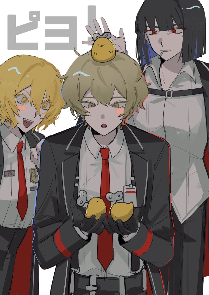 1boy, 2girls, animal, animal_on_head, belt, bird, bird_on_head, black_belt, black_gloves, black_hair, black_jacket, black_pants, blonde_hair, blue_hair, blunt_bangs, blunt_ends, blush_stickers, brown_eyes, brown_hair, cigarette, clenched_hand, collared_shirt, colored_inner_hair, cowboy_shot, don_quixote_(project_moon), fangs, fushimi_arata, gloves, hair_between_eyes, hand_up, hands_up, highres, holding, id_card, jacket, lapels, limbus_company, long_sleeves, looking_at_another, looking_at_object, looking_down, multicolored_hair, multiple_girls, necktie, on_head, open_clothes, open_jacket, open_mouth, pants, project_moon, red_eyes, red_jacket, red_necktie, ryoshu_(project_moon), shirt, short_hair, simple_background, sinclair_(project_moon), smile, standing, suspenders, teeth, tongue, two-sided_fabric, two-sided_jacket, v-shaped_eyebrows, white_background, white_shirt