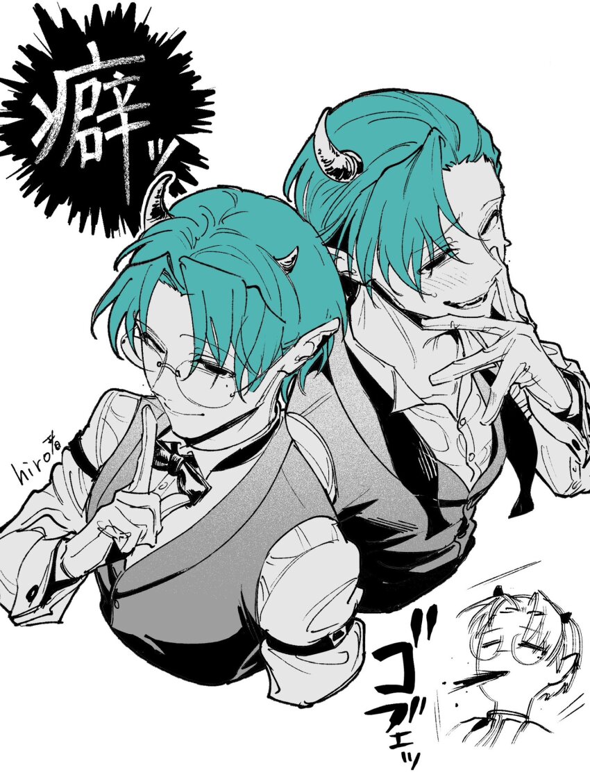 2boys, amy_kiriwo, aqua_hair, asymmetrical_horns, blood, blood_from_mouth, blush, bow