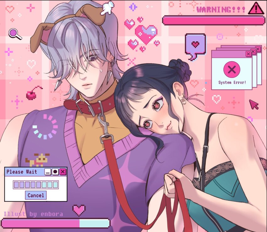 1boy, 1girl, animal_collar, animal_ear_hairband, animal_ears, aqua_shirt, artist_name, bare_shoulders, black_hair, breasts, brown_eyes, collar, couple, dog_ears, double_bun, earrings, enbora, fake_animal_ears, grey_hair, hair_bun, hair_over_one_eye, hairband, halterneck, heart, hetero, holding, holding_leash, jewelry, kpop_demon_hunters, leash, looking_at_another, medium_breasts, multiple_earrings, mystery_(kpop_demon_hunters), parted_lips, purple_sweater_vest, shirt, short_bangs, short_hair, sidelocks, sign, sleeves_rolled_up, smile, spoken_heart, sweatdrop, sweater_vest, turtleneck, upper_body, warning_sign, window_(computing), yellow_shirt, zoey_(kpop_demon_hunters)