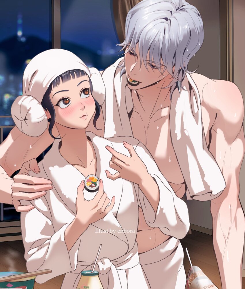 1boy, 1girl, arm_around_shoulder, artist_name, bathroom, black_hair, blunt_bangs, blush, brown_hair, bun_cover, chopsticks, couple, instant_cup_noodles, eating, enbora, food, food_in_mouth, grey_hair, hair_between_eyes, half-closed_eyes, hetero, highres, holding, holding_food, indoors, instant_noodles, kpop_demon_hunters, looking_at_another, muscular, muscular_male, mystery_(kpop_demon_hunters), short_bangs, short_hair, sidelocks, topless_male, towel, towel_around_neck, towel_around_waist, wet, window, zoey_(kpop_demon_hunters)