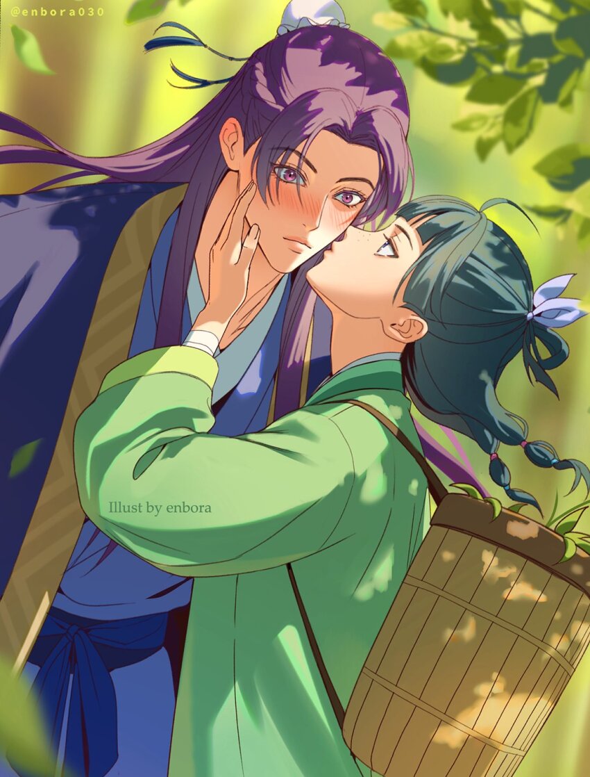 1boy, 1girl, ahoge, basket, beads, blue_ribbon, blue_robe, blunt_bangs, blurry, blurry_background, blush, bun_cover, chinese_clothes, couple, enbora, falling_leaves, green_hair, green_robe, hair_beads, hair_bun, hair_ornament, hair_ribbon, hand_on_own_cheek, hand_on_own_face, hetero, highres, jinshi_(kusuriya_no_hitorigoto), kiss, kissing_cheek, kusuriya_no_hitorigoto, leaf, long_hair, maomao_(kusuriya_no_hitorigoto), outdoors, parted_bangs, pink_eyes, purple_hair, ribbon, robe, twitter_username, upper_body