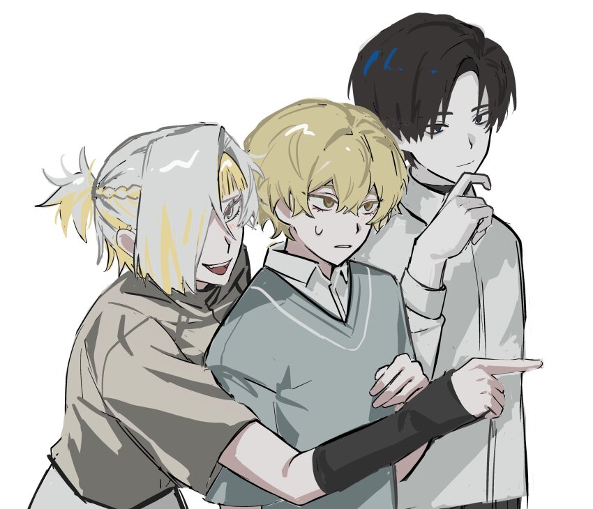 1girl, 2boys, arm_warmers, black_arm_warmers, black_eyes, black_hair, blonde_hair, blue_shirt