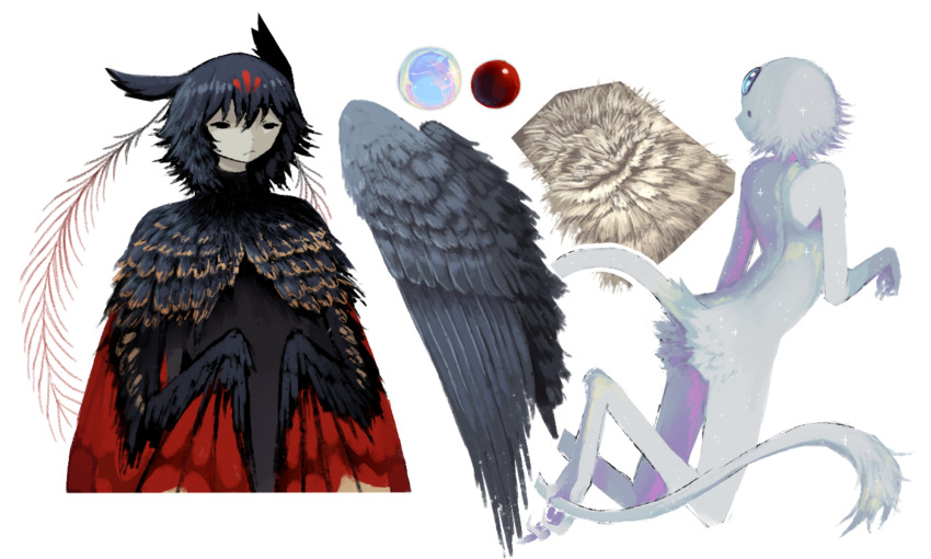 1boy, 1other, ambiguous_gender, art_study, black_feathers, black_wings, blue_hair, blue_wings, feathered_wings, feathers, harpy_boy, highres, jejejunum, monster_boy, multicolored_hair, orb, original, pest_(jejejunum), red_wings, secret_(jejejunum), simple_background, two-tone_hair, upper_body, white_background, white_fur, white_tail, wings