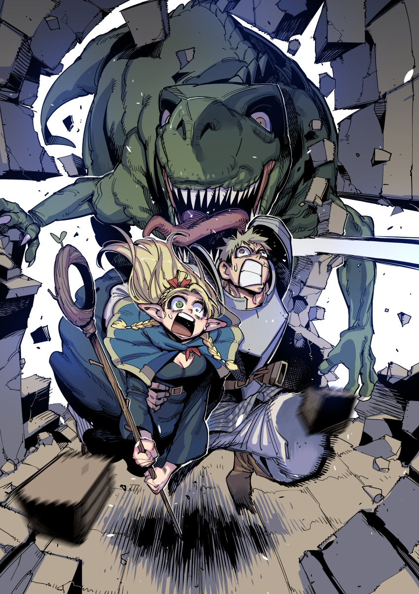 1boy, 1girl, absurdres, ambrosia_(dungeon_meshi), armor, belt, blonde_hair, blue_capelet, blue_robe, brown_belt, brown_eyes, capelet, clenched_teeth, destruction, dinosaur, dungeon_meshi, elf, green_eyes, hand_on_another's_waist, highres, holding, holding_staff, laios_touden, little_mojoi, long_hair, marcille_donato, motion_blur, open_mouth, plate_armor, pointy_ears, robe, running, runny_nose, scared, short_hair, snot, staff, teeth