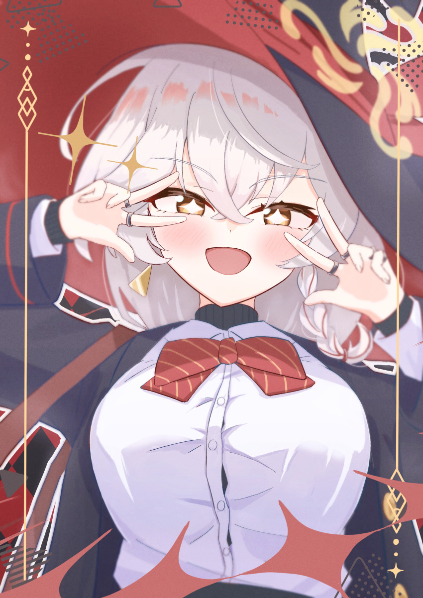 +_+, 1girl, :d, absurdres, black_coat, black_hat, black_sweater, blue_archive, blush, bow, bowtie, braid, breasts, coat, collared_shirt, crossed_bangs, double_w, earrings, eri_(blue_archive), glitter, gold_earrings, h1a0t6, hair_between_eyes, halo, hands_up, hat, highres, jewelry, large_breasts, long_hair, looking_at_viewer, multicolored_hair, multiple_rings, open_clothes, open_coat, open_mouth, orange_eyes, red_bow, red_bowtie, red_hair, ring, shirt, side_braid, sidelocks, smile, solo, streaked_hair, striped_bow, striped_bowtie, striped_clothes, sweater, triangle_earrings, turtleneck, turtleneck_sweater, two-sided_fabric, two-sided_headwear, upper_body, w, white_hair, white_shirt, witch, witch_hat, yellow_halo