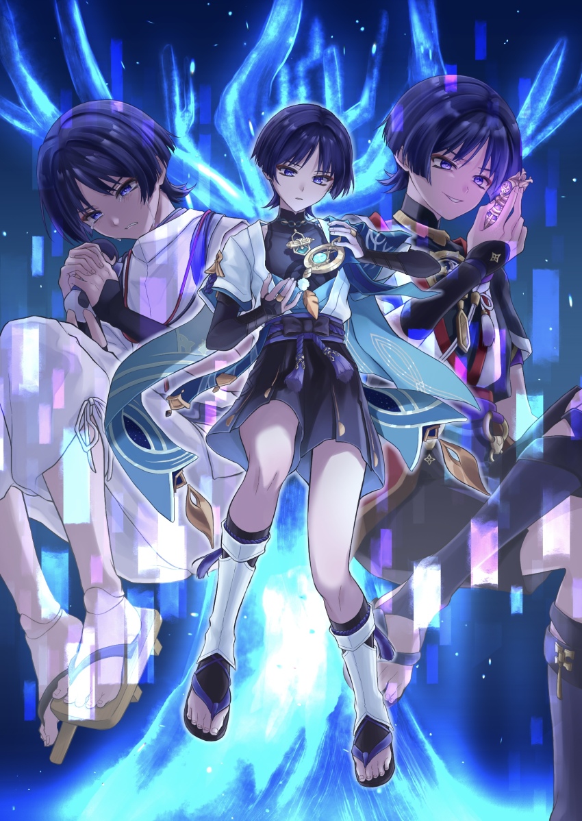 3boys, absurdres, anemo_symbol_(genshin_impact), aqua_gem, armor, bare_tree, belt, black_belt