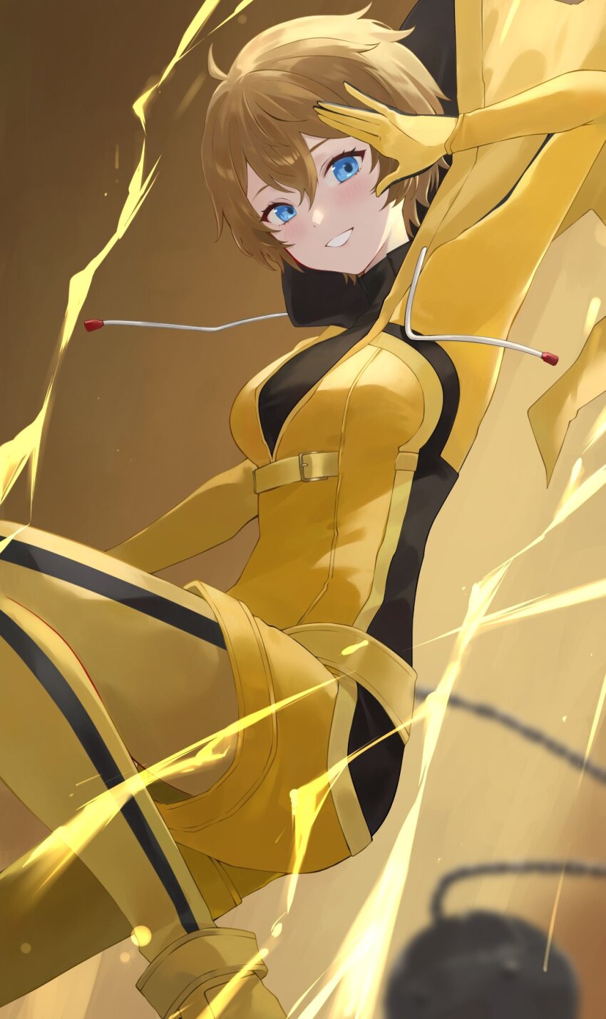 1girl, arai_motoha, blonde_hair, blue_eyes, blush, bodysuit, closer_(p5x), commentary