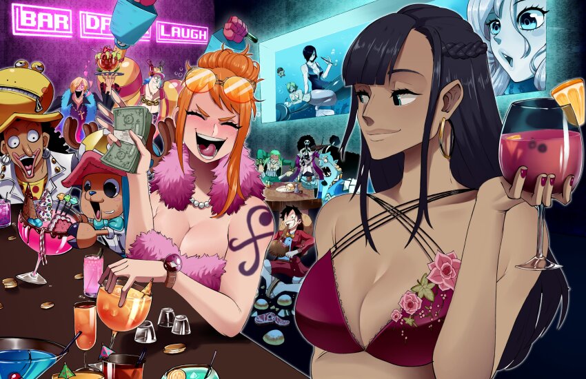 ^_^, absurdres, afro, arm_tattoo, banknote, blue_eyes, blue_skin, braid