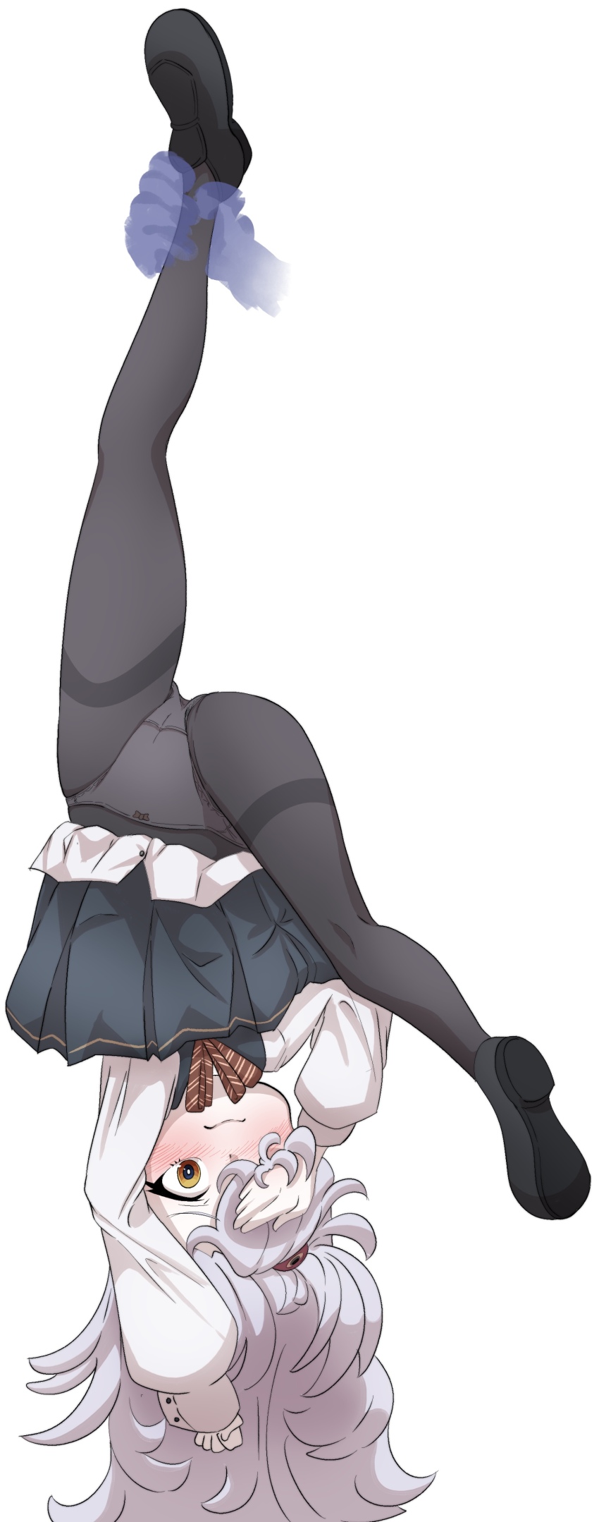 1girl, absurdres, ankle_grab, black_pantyhose, blue_archive, blush, brown_eyes, dress