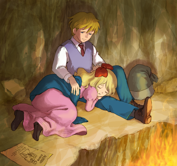 1boy, 1girl, alfredo_martini, bianca_martini, black_shoes, blonde_hair, blue_eyes, blue_pants