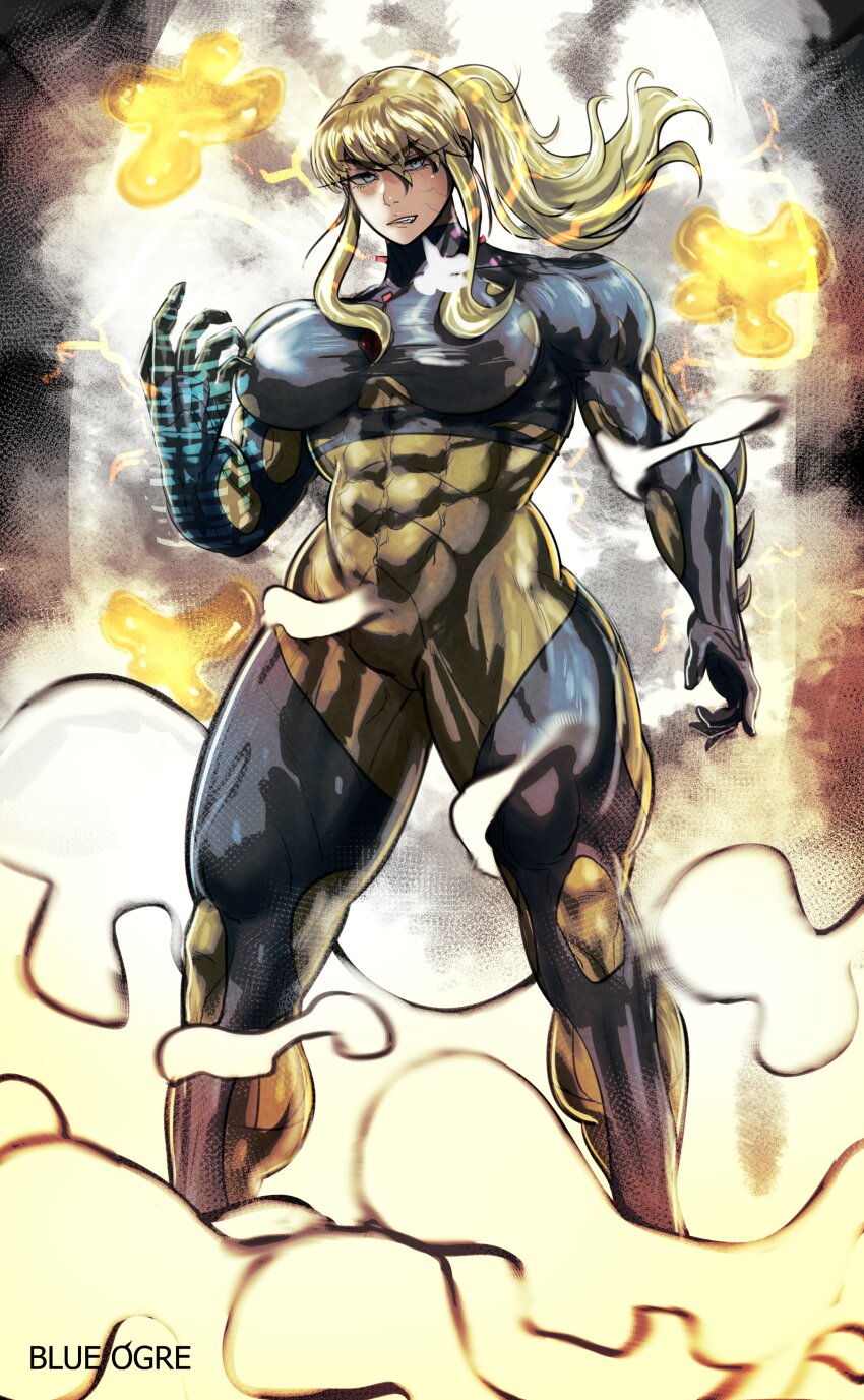 1girl, abs, absurdres, annoyed, blonde_hair, blue_bodysuit, blue_ogre, bodysuit