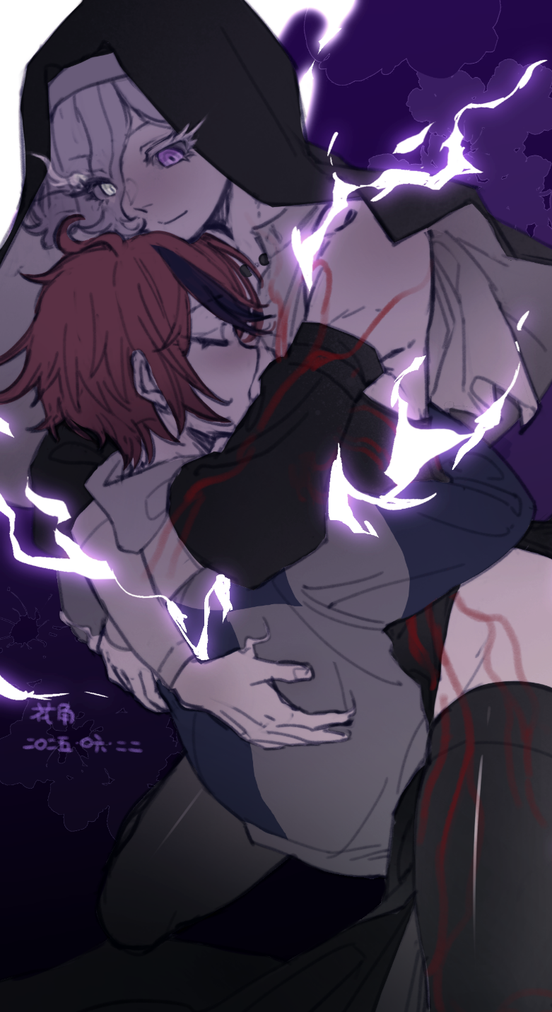 2boys, alternate_costume, black_dress, black_hair, black_sleeves, black_thighhighs, black_veil, blue_jacket, chinese_commentary, closed_eyes, commentary_request, crossdressing, crossdressing_(mtf), detached_sleeves, dress, eyes_visible_through_hair, grey_jacket, hair_over_one_eye, heterochromia, highres, hood, hood_down, hooded_jacket, huaxiaoshenhan, hug, jacket, long_sleeves, male_focus, multicolored_hair, multicolored_jacket, multiple_boys, nun, purple_eyes, red_hair, shion_(hundred_line), short_hair, shota_with_trap, streaked_hair, sumino_takumi, the_hundred_line_-last_defense_academy-, thighhighs, trap, two-tone_hair, two-tone_jacket, veil, white_eyes