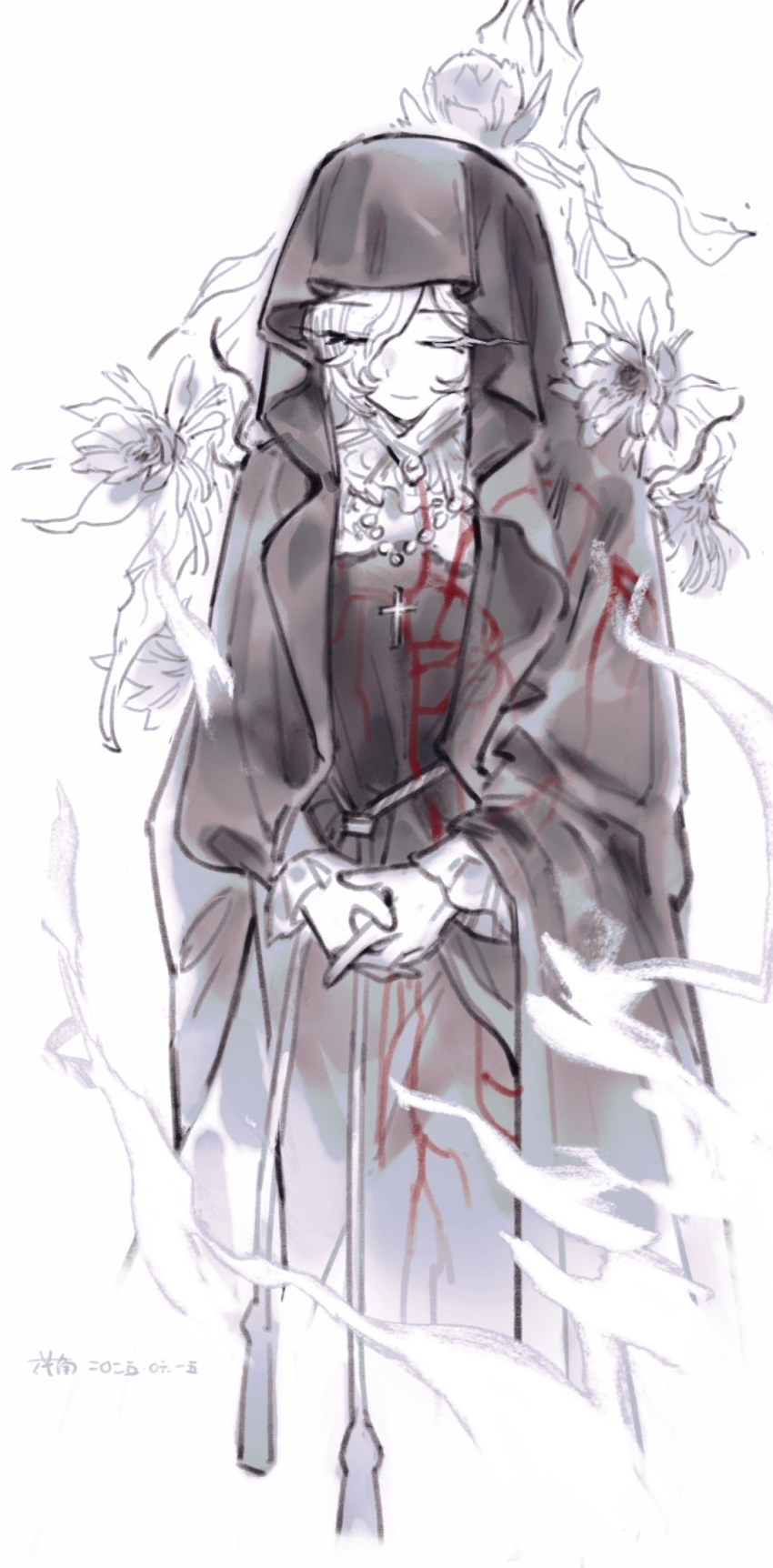 1boy, black_dress, black_veil, chinese_commentary, closed_eyes, commentary_request, crossdressing, crossdressing_(mtf), dress, eyes_visible_through_hair, flower, frilled_sleeves, frills, hair_over_one_eye, highres, huaxiaoshenhan, long_sleeves, male_focus, own_hands_together, pale_skin, shion_(hundred_line), short_hair, solo, the_hundred_line_-last_defense_academy-, trap, veil, white_hair