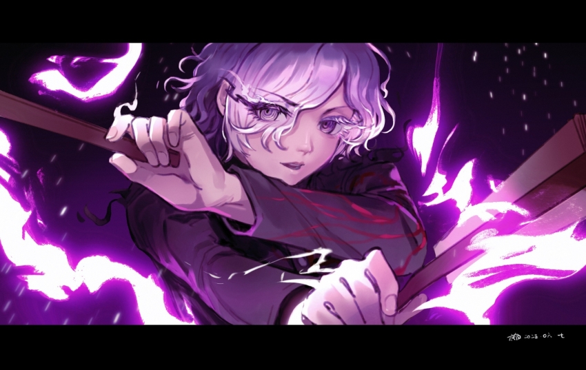 1boy, black_jacket, chinese_commentary, colored_eyelashes, commentary_request, eyelashes, fire, grey_eyes