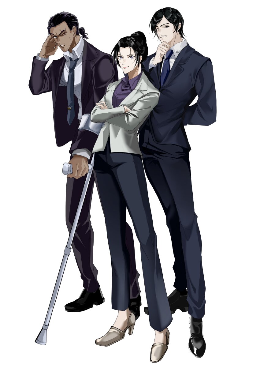 1girl, 2boys, absurdres, beard_stubble, black_hair, black_shoes, blue_necktie, collared_shirt