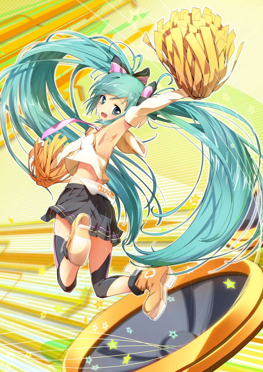 1girl, absurdres, aqua_eyes, aqua_hair, armpits, bun150, cheerleader, detached_sleeves