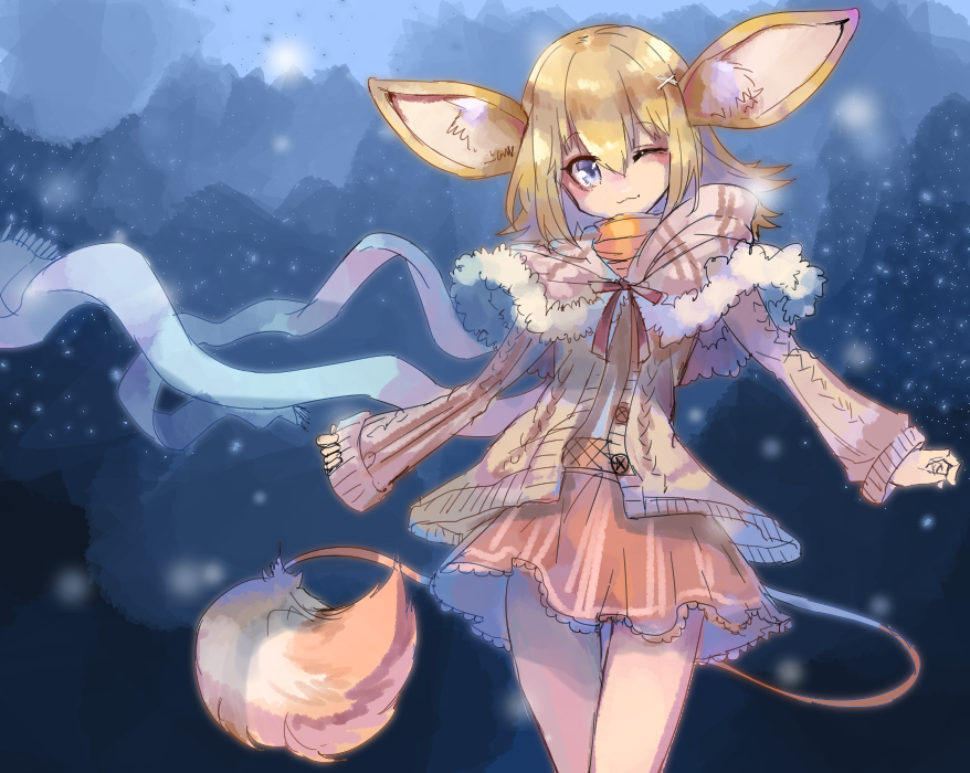 1girl, animal_ears, blonde_hair, brown_capelet, brown_jacket, capelet, emil_chronicle_online, fur-trimmed_capelet