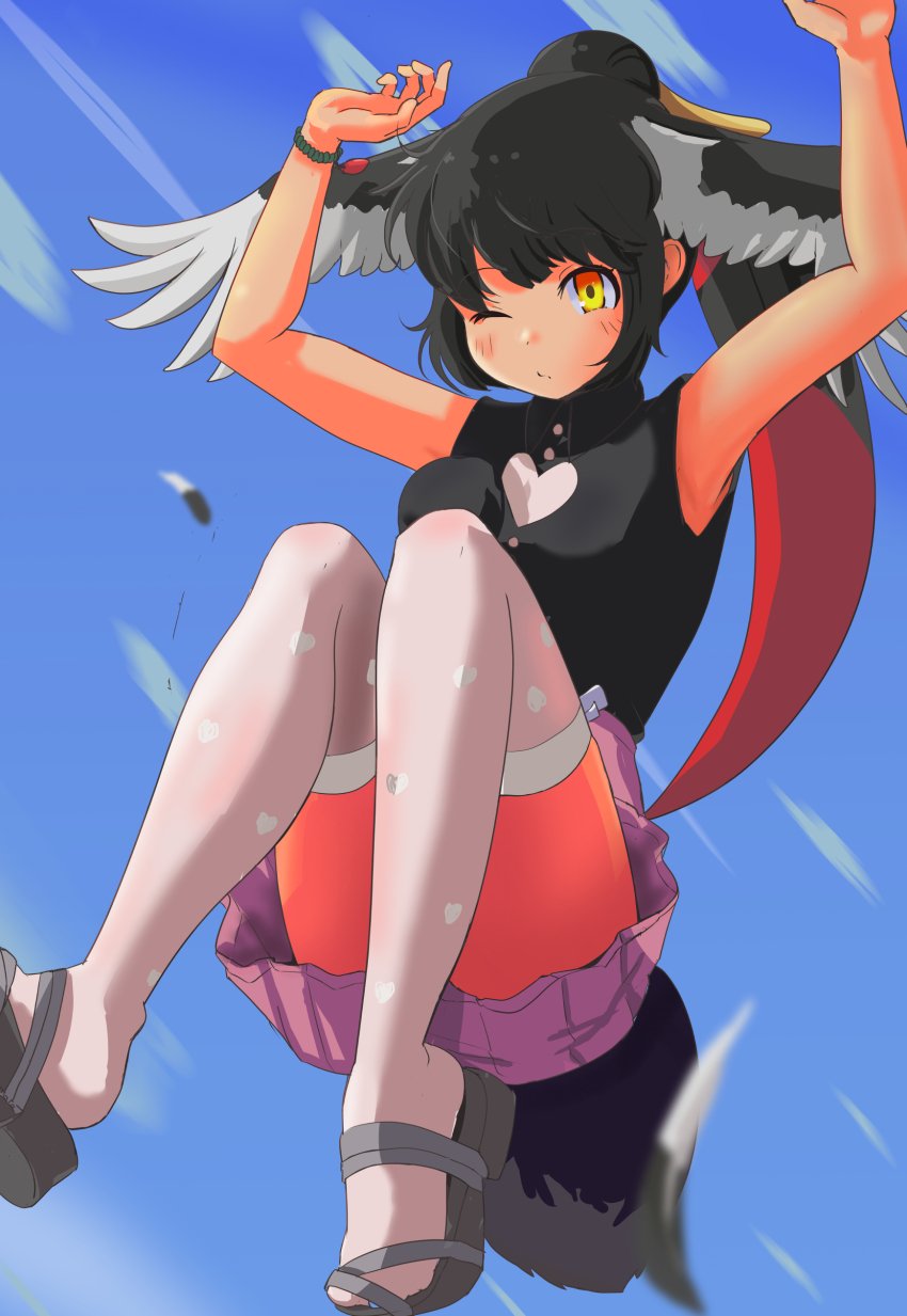 1girl, absurdres, bare_shoulders, bird_girl, bird_tail, bird_wings, black_hair, black_shirt, blonde_hair, blush, bracelet, collared_shirt, grey_sandals, hair_between_eyes, hane_(kirschbaum), head_wings, highres, jewelry, kemono_friends, long_hair, looking_at_viewer, midair, multicolored_hair, one_eye_closed, pink_skirt, pleated_skirt, ponytail, red_hair, saddlebilled-stork_(kemono_friends), sandals, shirt, sidelocks, skirt, sleeveless, solo, tail, thighhighs, two-tone_shirt, white_shirt, white_thighhighs, wings, yellow_eyes, zettai_ryouiki
