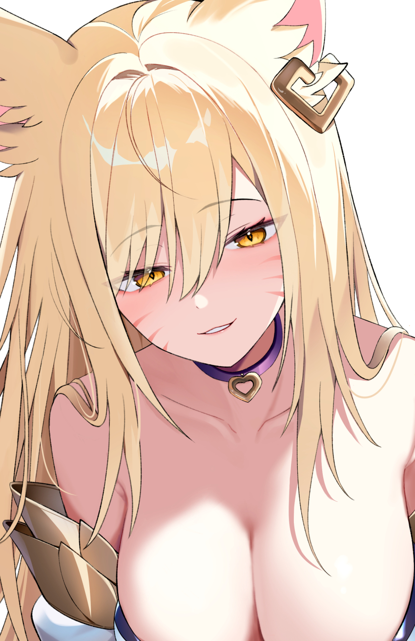 1girl, absurdres, ahri_(league_of_legends), animal_ear_fluff, animal_ears, bare_shoulders, blonde_hair, breasts
