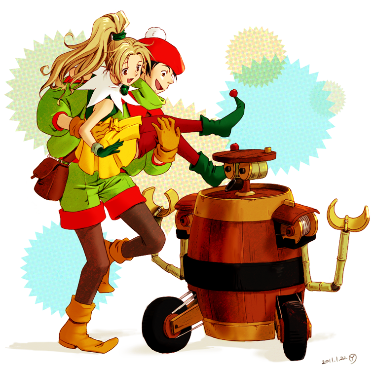 1boy, 1girl, beret, black_hair, blonde_hair, boots, brown_boots, brown_eyes