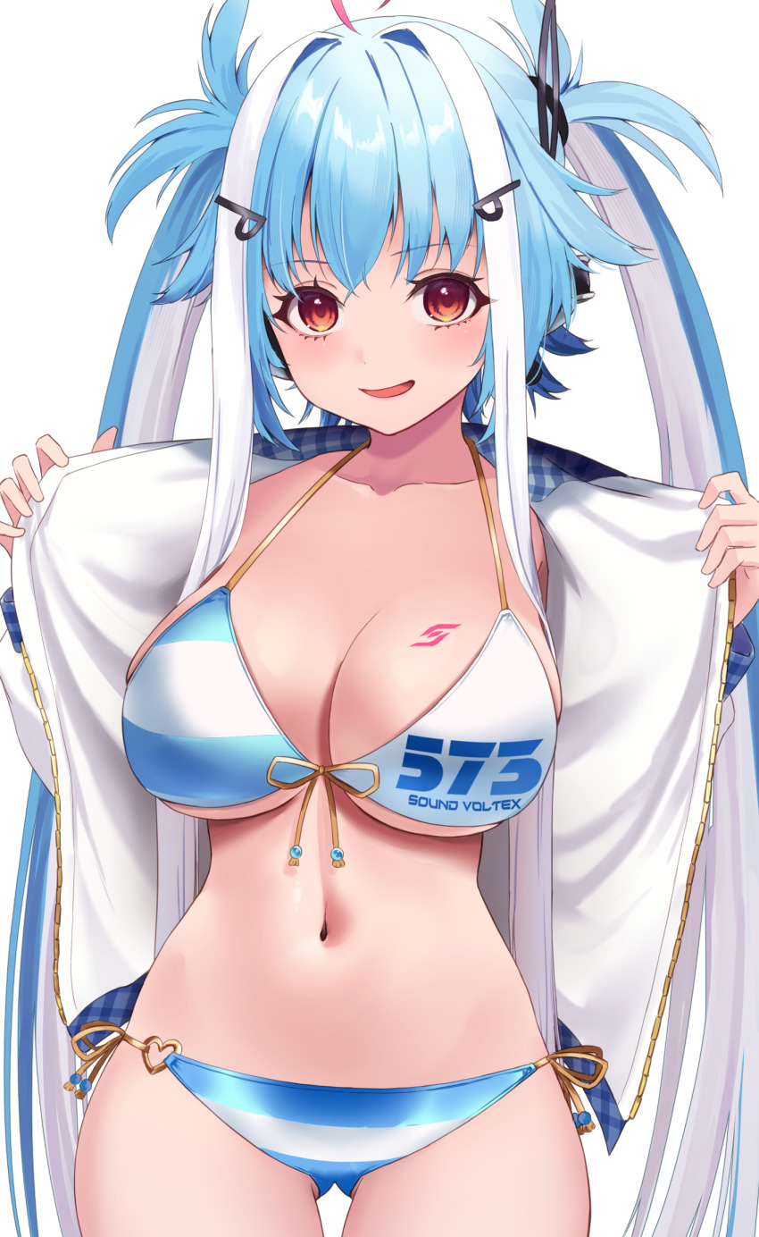 1girl, ahoge, bemani, bikini, blue_bikini, blue_hair, breast_tattoo, breasts, cleavage, clothes_writing, collarbone, cowboy_shot, front-tie_bikini_top, front-tie_top, gluteal_fold, gold_trim, hair_ornament, hairclip, halterneck, heart, heart_o-ring, highres, ichika_(bemani), jacket, large_breasts, long_hair, long_sleeves, looking_at_viewer, multicolored_bikini, multicolored_hair, navel, o-ring, open_clothes, open_jacket, open_mouth, red_eyes, side-tie_bikini_bottom, sidelocks, simple_background, smile, solo, sound_voltex, stomach, string_bikini, swimsuit, tattoo, thighs, twintails, two-tone_bikini, two-tone_hair, very_long_hair, white_background, white_bikini, white_hair, white_jacket, yashirinda