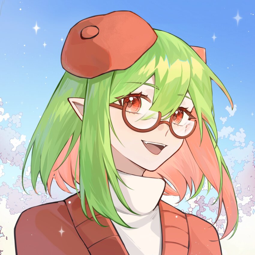 1girl, beret, blue_sky, colored_eyelashes, demon_girl, demon_horns, fangs, funamusea, glasses, green_hair, haiiro_teien, hashtag-only_commentary, hat, highres, horns, looking_at_viewer, low_t, medium_hair, multicolored_hair, open_mouth, pointy_ears, red_eyes, red_hair, red_hat, red_sweater, round_eyewear, semi-rimless_eyewear, single_horn, sky, smile, solo, sparkle, sweater, turtleneck, two-tone_hair, upper_body, yosafire_(funamusea)