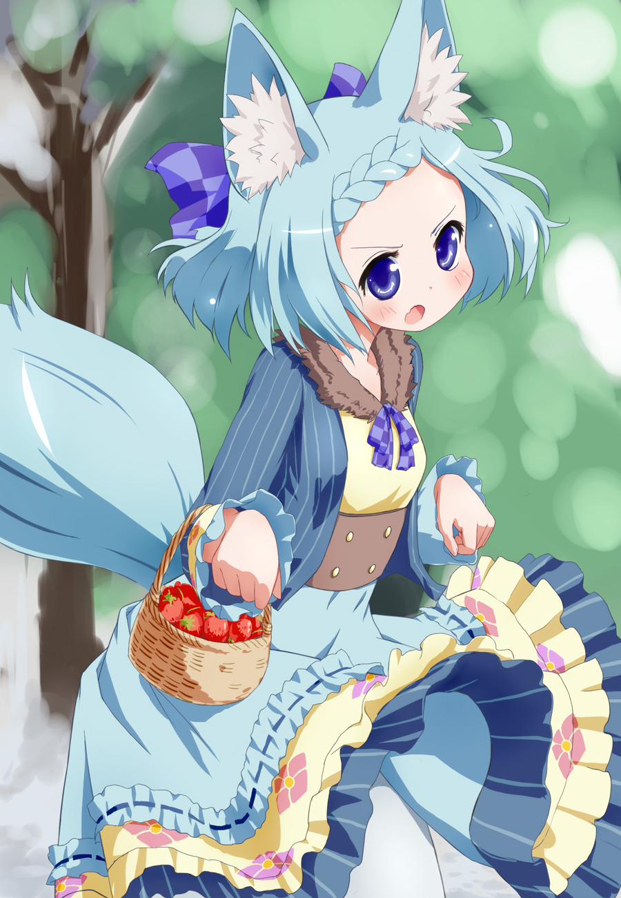 1girl, animal_ears, blue_eyes, blue_hair, blue_jacket, blue_ribbon, blue_skirt, braid