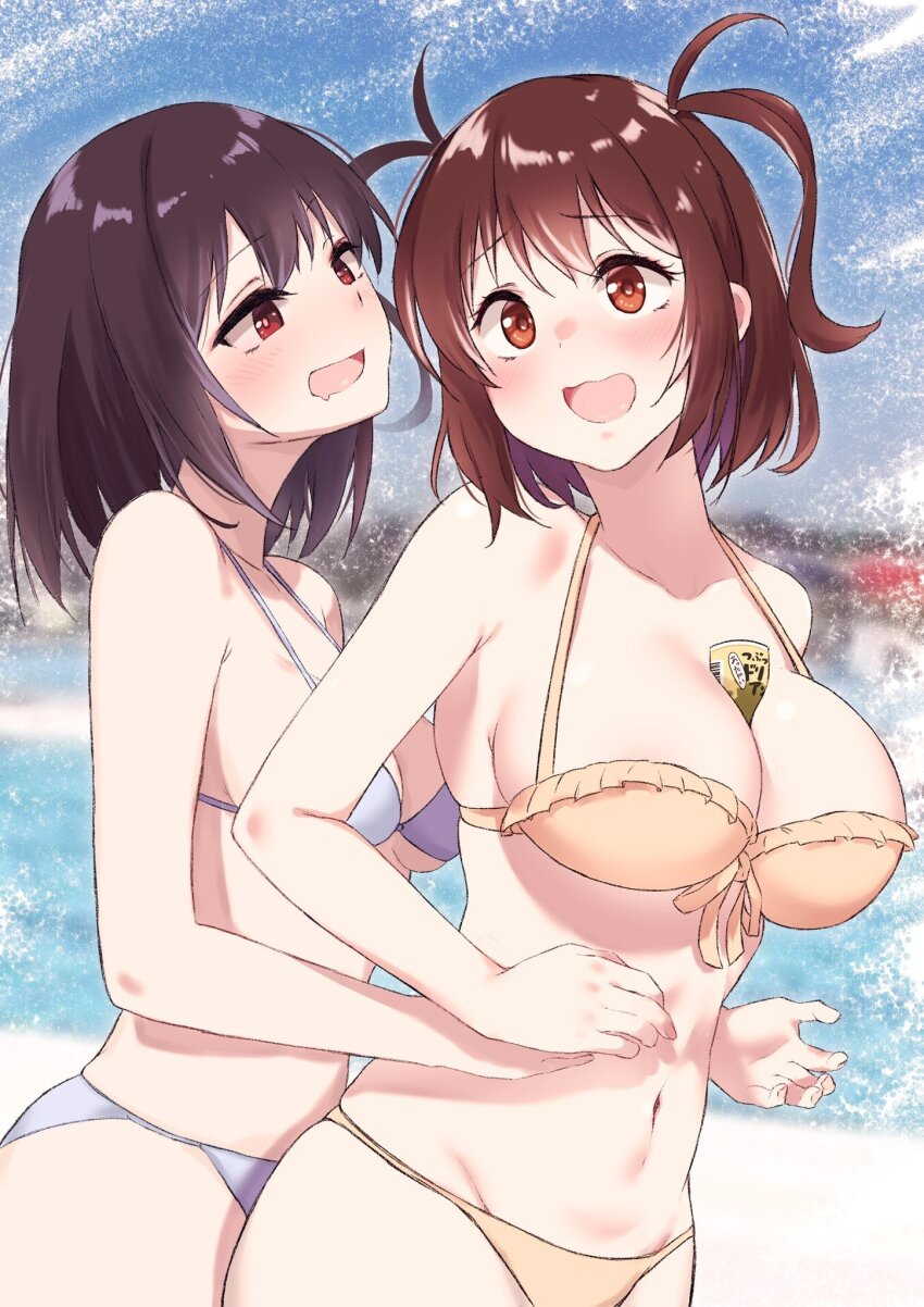 2girls, :d, bare_arms, bare_shoulders, behind_another, between_breasts, bikini, black_hair