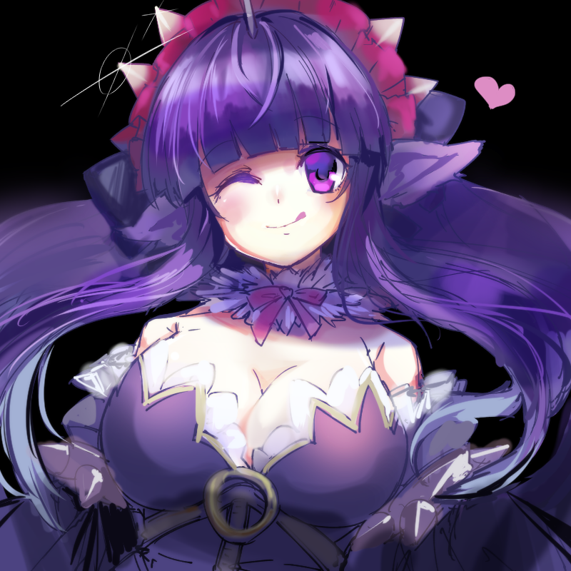 1girl, :q, animal_ears, bare_shoulders, beyaert_alma, black_background, bow, breasts